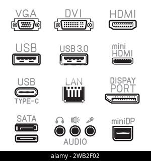 delineare il set di simboli delle icone dell'interfaccia hardware Illustrazione Vettoriale