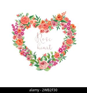 Bel cuore di rosa. Corona a forma di cuore con fiori d'epoca. Rose e foglie 3D. San Valentino o decorazione nuziale. Design del biglietto d'auguri. Illustrazione Vettoriale