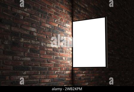 Cartelloni pubblicitari vuoti illuminati appesi all'asta con sfondo in mattoni di notte. Mockup di modelli per il posizionamento di media, pubblicità e poster. 3D r Foto Stock