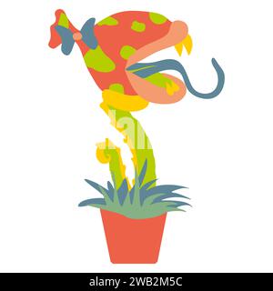 Adesivo piatto spaventoso di una pianta di mostri nel vaso di fiori. Illustrazione di botanica Vector Fantasy, personaggio con denti e lingua. Cartone animato disegnato a mano Fantastic D. Illustrazione Vettoriale