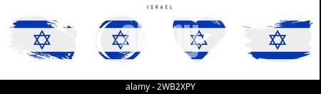 Set di icone bandiera stile grunge disegnate a mano da Israele. Banner israeliano con colori ufficiali. Forma del tratto libero del pennello, cerchio e a forma di cuore. Illustr. Vettoriale piatto Illustrazione Vettoriale