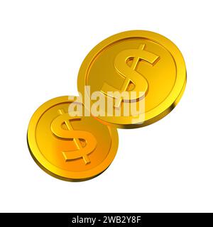 Dollaro d'oro due monete volanti isolate. Concetto di moneta in valuta. rendering 3d. Foto Stock