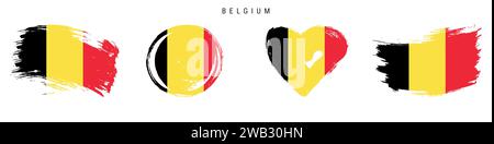 Set di icone bandiera stile grunge disegnate a mano in Belgio. Banner belga con colori ufficiali. Forma del tratto libero del pennello, cerchio e a forma di cuore. Illust vettoriale piatto Illustrazione Vettoriale