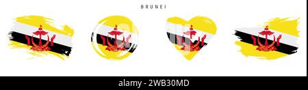 Set di icone bandiera stile grunge disegnate a mano Brunei. Banner Bruneian con colori ufficiali. Forma del tratto libero del pennello, cerchio e a forma di cuore. Illust vettoriale piatto Illustrazione Vettoriale
