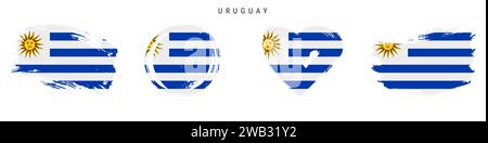 Set di icone bandiera stile grunge disegnate a mano Uruguay. Banner uruguaiano con colori ufficiali. Forma del tratto libero del pennello, cerchio e a forma di cuore. Illu. Vettore piatto Illustrazione Vettoriale