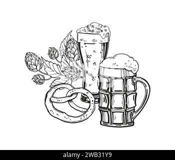Schizzo vettoriale disegnato a mano del tema del festival della birra, bicchiere da birra completo con schiuma, pianta di luppolo con foglie e boccioli, pretzel di panetteria tedesca, ill bianco e nero Illustrazione Vettoriale