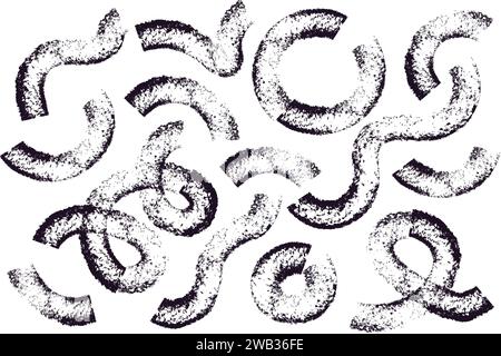 I tratti di pennello ondulati e ruotati dipingono un pattern vettoriale senza cuciture. Linee curve nere e bianche disegnate a mano con effetto grunge. La spazzola di inchiostro crea un'atmosfera caotica Illustrazione Vettoriale