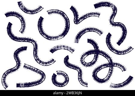 I tratti di pennello ondulati e ruotati dipingono un pattern vettoriale senza cuciture. Linee curve nere e bianche disegnate a mano con effetto grunge. La spazzola di inchiostro crea un'atmosfera caotica Illustrazione Vettoriale