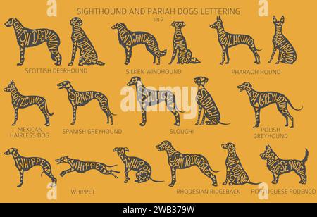 Il cane alleva silhouette con scritte e ritagli di stile semplice. Collezione di cani da caccia, sighthounds e pariah. Illustrazione vettoriale Illustrazione Vettoriale