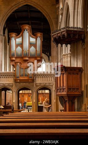 Regno Unito, Inghilterra, Oxfordshire, Oxford, University Church of St Mary the Virgin, interior, 1986 Metzler Orgelbau organ Foto Stock