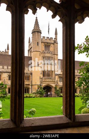 Regno Unito, Inghilterra, Oxfordshire, Oxford, Magdalen College, Torre del fondatore dal grande chiostro del Quadrangolo Foto Stock