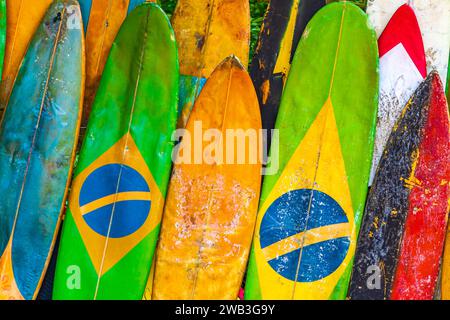 Tavole da surf colorate con bandiera brasiliana presso l'incredibile spiaggia di Mangrove e la spiaggia di Paviera sulla Big Tropical Island Ilha grande Rio De Janeiro Brasile. Foto Stock