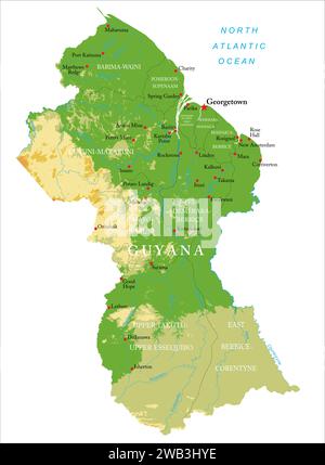 Mappa fisica molto dettagliata della Guyana, in formato vettoriale, con tutte le forme di rilievo, le regioni e le grandi città. Illustrazione Vettoriale