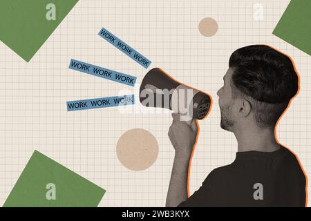 Collage di foto creative orizzontali di un giovane ragazzo tiene un microfono con altoparlante alla ricerca di un lavoro di lavoro per i dipendenti ricerca di assunzioni Foto Stock