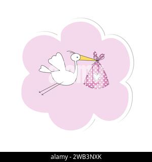 Cicogna disegnata a mano sul cielo. Sfondo cloud Illustrazione Vettoriale