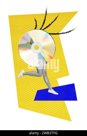 Collage verticale illustrazione creativa effetto monocromatico gambe che corrono ciglia da salto piastra disco dvd esclusivo sfondo bianco giallo blu Foto Stock