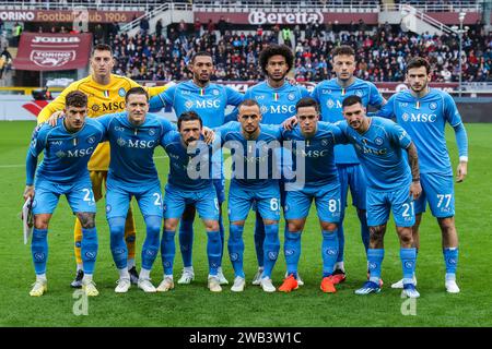 Torino, Italia. 7 gennaio 2024. La squadra del Napoli SSC si schiera durante la partita di serie A 2023/24 tra Torino FC e SSC Napoli allo Stadio Olimpico grande Torino. Punteggio finale; Torino 3 | 0 Napoli. Credito: SOPA Images Limited/Alamy Live News Foto Stock