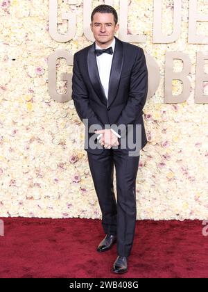 BEVERLY HILLS, LOS ANGELES, CALIFORNIA, USA - GENNAIO 07: Orlando Bloom indossa Berluti con un anello David Yurman arriva al 81° Golden Globe Awards annuale tenutosi al Beverly Hilton Hotel il 7 gennaio 2024 a Beverly Hills, Los Angeles, California, Stati Uniti. (Foto di Xavier Collin/Image Press Agency) Foto Stock