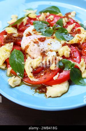 Primo piano della deliziosa insalata Caprese fatta in casa con un uovo in camicia Foto Stock