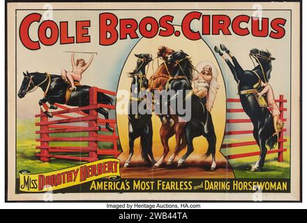 Poster Circus (Cole Brothers, 1930s) spettacolo di cavalli - Miss Dorothy Herbert, cavaliera con cofano Foto Stock