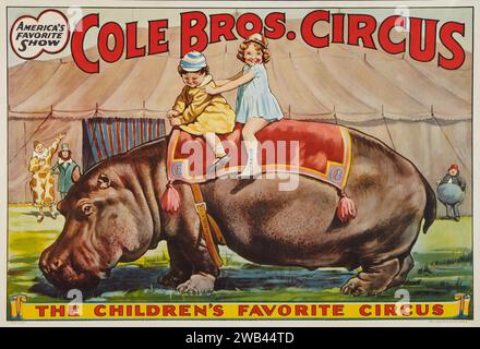 Poster del circo (Cole Brothers, 1930s) con i bambini sul retro di un ippopotamo. Foto Stock