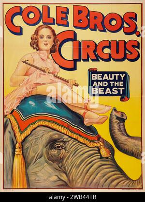 Poster Circus (Cole Brothers, 1930s) Beauty and the Beast - donna che cavalca un elefante da circo Foto Stock