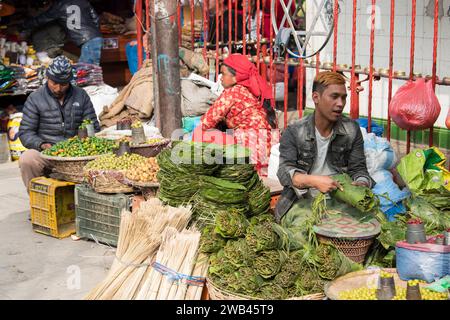 Kathmandu, Nepal- Aprile 20,2019 : commerciante di verdure sulla strada di Kathmandu. Foto Stock