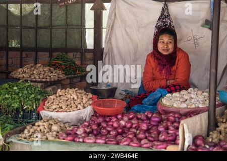 Kathmandu, Nepal- Aprile 20,2019 : commerciante di verdure sulla strada di Kathmandu. Foto Stock