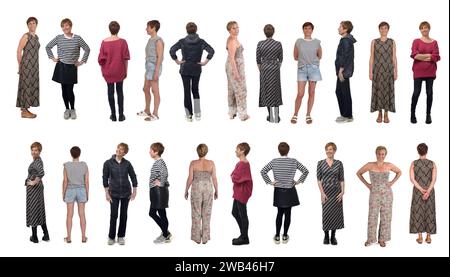 varie pose della stessa donna in abiti diversi in momenti diversi su sfondo bianco Foto Stock