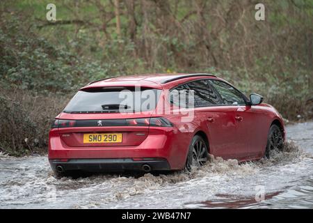 Horton, Wraysbury, Berkshire, Regno Unito. 8 gennaio 2024. Gli automobilisti guidano attraverso le acque alluvionali su una strada di campagna a Horton, Wraysbury, Berkshire. Il Tamigi ha fatto irruzione sulle sue sponde e vi sono una serie di chiusure stradali nell'area locale. Credito: Maureen McLean/Alamy Live News Foto Stock