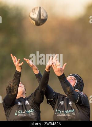 Gilbert rugby union football sul campo di gioco e in volo. Foto Stock