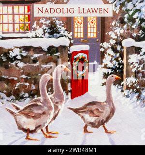 Nadolig Llawen, saluto in lingua gallese che significa buon Natale su un biglietto di Natale, Galles, Regno Unito Foto Stock