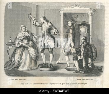 Esperimento del fisico britannico William Watson: Accensione di spiriti di vino da una scintilla elettrica. Circa 1760 illustrazione da Les Merveilles de la Science ou description populaire des inventions modernes scritto da Louis Figuier e pubblicato nel 1867 da Furne, Jouvet et Cie Foto Stock