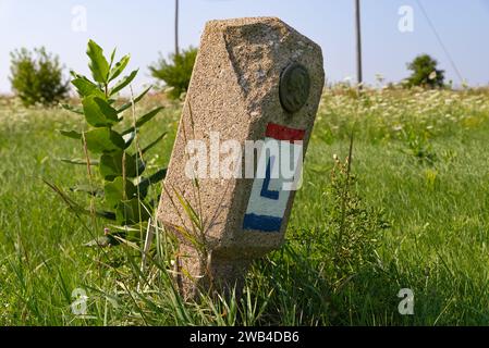 Lincoln Highway Marker originale, installato nel 1928, a Franklin Grove, Illinois, Stati Uniti. Foto Stock