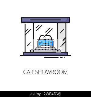 Icona dello showroom di un'azienda automobilistica, del concessionario, del profilo della concessionaria. Icona del vettore per il centro automobilistico, il distributore di veicoli o il centro auto. Simbolo lineare della concessionaria auto con vetrina della vettura dietro il vetro Illustrazione Vettoriale