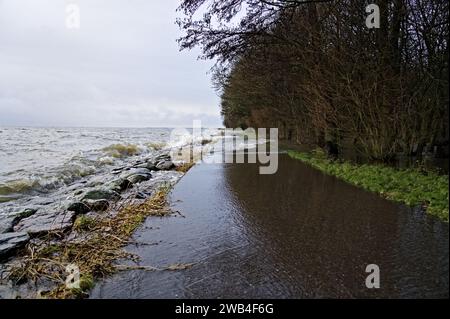 Alto livello dell'acqua a causa di forti piogge e tempeste, le onde del lago Markermeer si infrangono sulla diga di pietra e sul sentiero e inondano il parco olandese Foto Stock