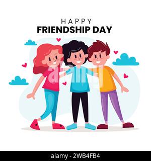 Buon amicizia Day carino Cartoon illustrazione con giovani ragazzi e ragazze che si abbracciano o mettono le mani in Flat Style Vector. Illustrazione Vettoriale