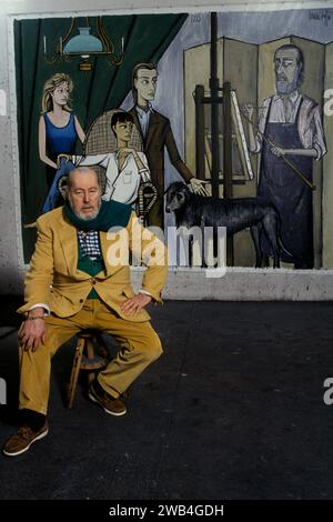 Bernard buffet artista francese pittore espressionista (1928-1999) Francia il suo studio a casa Tourtour Provence Francia il dipinto è della sua famiglia con Annabel seduta. 1994 1990s Francia Europa HOMER SYKES Foto Stock