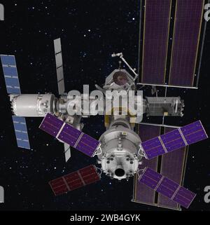La stazione spaziale Gateway sarà la prima stazione spaziale dell'umanità intorno alla Luna come componente vitale delle missioni Artemis per riportare gli esseri umani nella Foto Stock