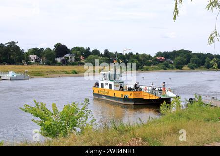 23 luglio 2023 - Pillnitz, Dresda in Germania: Il traghetto a Dresda collega Pillnitz con Kleinzschachwitz ed è gestito dalla Dresdner Verkehrs Foto Stock