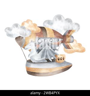 grazioso drago grigio e dirigibile e illustrazione ad acquerello nuvoloso per bambini e bambini disegnato a mano su sfondo isolato. Immagine vivaio per il design, notebo Foto Stock