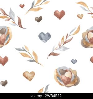 Acquerello Rosa fiore e foglie astratto motivo senza cuciture. Grandi fiori di pesca con essiccato. Composizione beige pastello in moderno stile boho. Pitture a mano Foto Stock