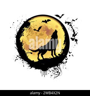 Il lupo urla sulla luna. Stampa di magliette. disegno manuale. Non IA. Illustrazione vettoriale Illustrazione Vettoriale
