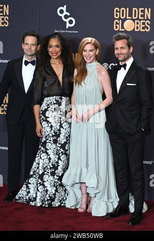 Patrick J. Adams, Gina Torres, Sarah Rafferty e Gabriel Macht bei der Verleihung der 81. Golden Globe Awards al Beverly Hilton Hotel. Beverly Hills, 07.01.2024 Foto Stock