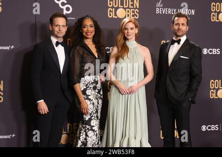 Beverly Hills, USA. 7 gennaio 2024. Patrick J. Adams, Gina Torres, Sarah Rafferty e Gabriel Macht si esibiscono nella sala stampa durante il 81° Golden Globe annuale al Beverly Hilton il 7 gennaio 2024 a Beverly Hills, California. Foto: Crash/imageSPACE credito: Imagespace/Alamy Live News Foto Stock