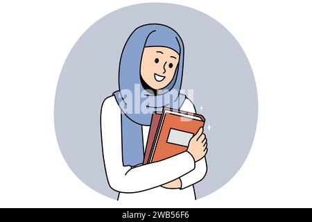 Sorridente giovane donna araba in hijab tenere libri entusiasti di istruzione universitaria. Ragazza araba felice in capo posa con i libri di testo. Illustrazione vettoriale. Illustrazione Vettoriale