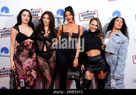 (Da sinistra a destra) Marnie Simpson, Chloe Ferry, Abbie Holborn, Chantelle Connelly e Sophie Kasaei assistono a una proiezione di Geordie Shore al Soho Hotel nel centro di Londra. Data immagine: Lunedì 8 gennaio 2024. Foto Stock