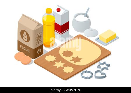 Torte isometriche, muffin, crostate, ingredienti da forno, farina, uova, latte e zucchero. Prodotti da forno fatti in casa. Cookie e. Illustrazione Vettoriale