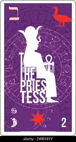Carta dei tarocchi egiziani numero 2, chiamata sacerdotessa. Illustrazione della cultura antica e della divinazione Illustrazione Vettoriale