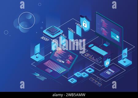 illustratore del design di sfondo del banner concettuale per la tecnologia web. Illustrazione Vettoriale